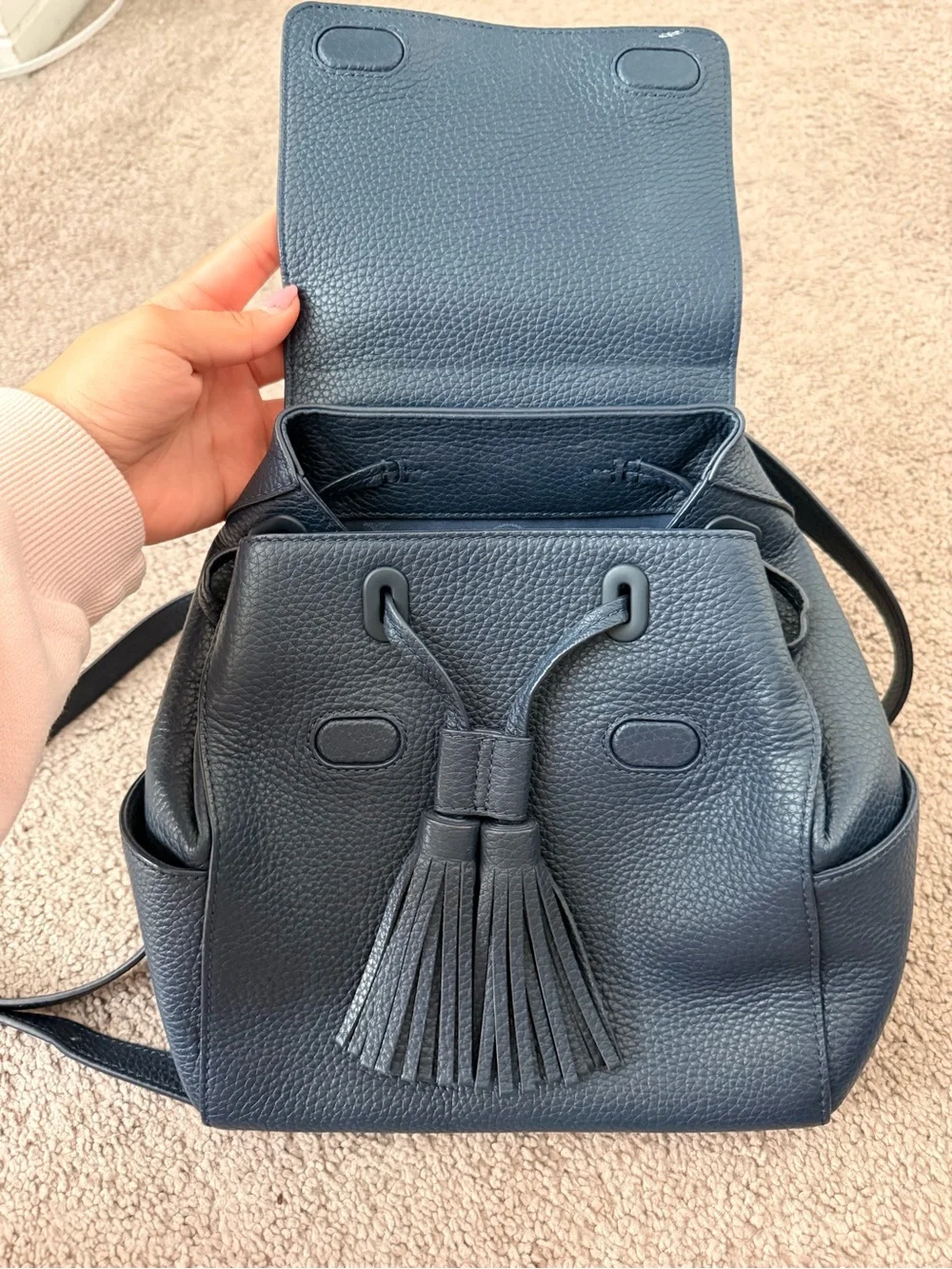 Tory Burch Dark Navy Pebbled Leather Tassel Backpack
